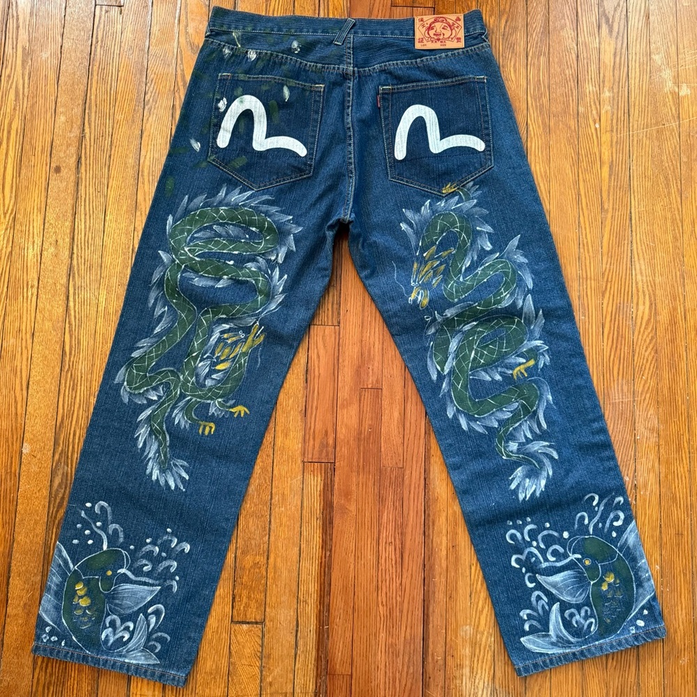 Y2K Evisu Dragon Koi Fish Hand Painted Vintage Denim Jeans - Picture 5 of 16